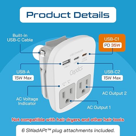 Ceptics 35W Universal Travel Adapter Kit – 2 USA sockets, USB-A, USBC, 1x PD 35W USB-C and USBC Cable, Surge Protected, Plugs for EU, UK, China, AU, Japan - for Laptop, Phone, Camera-ETL Tested - Image 2